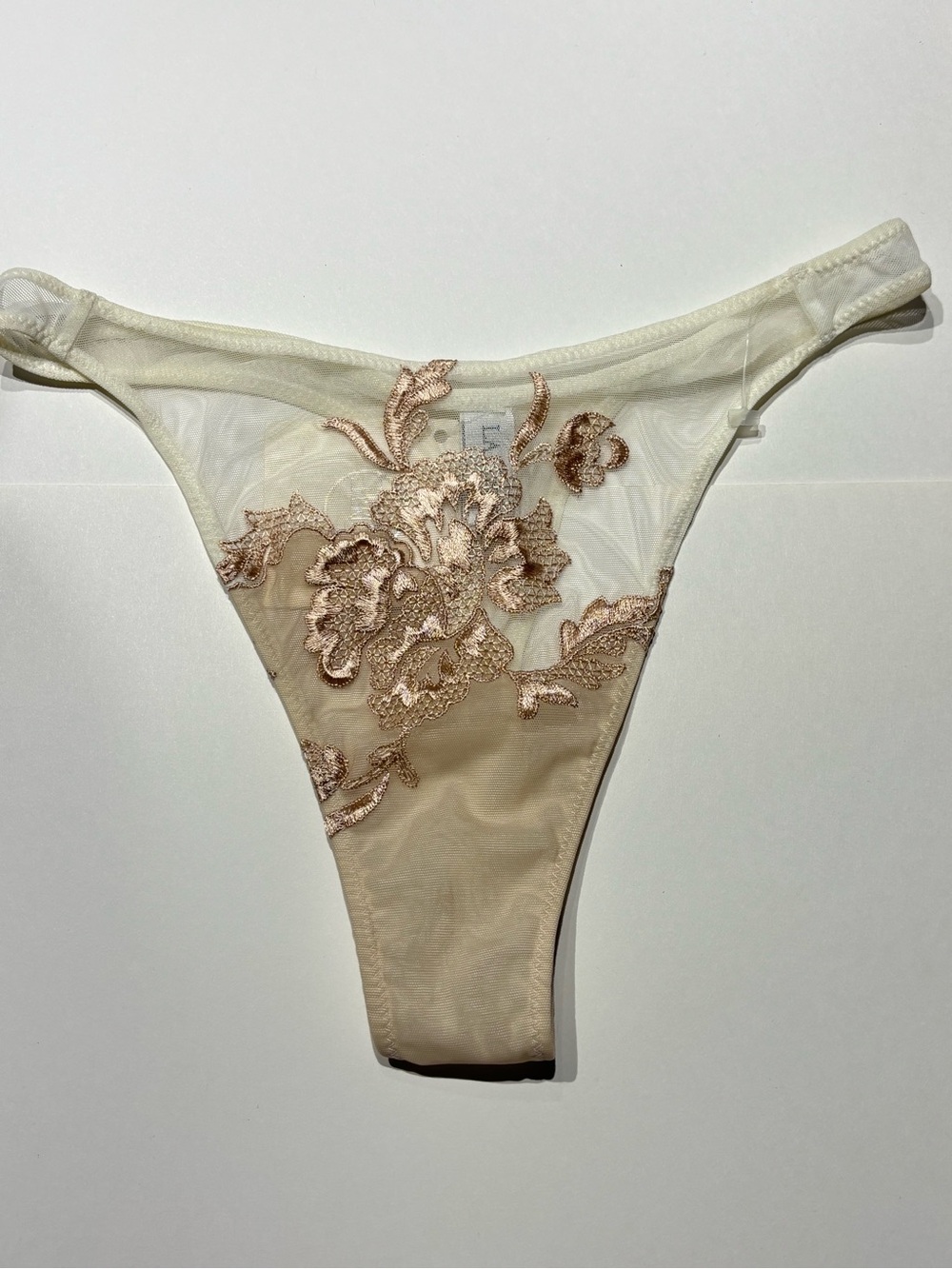 Vintage La Perla Mesh Thong with Rose Gold Floral Embroidery NWT